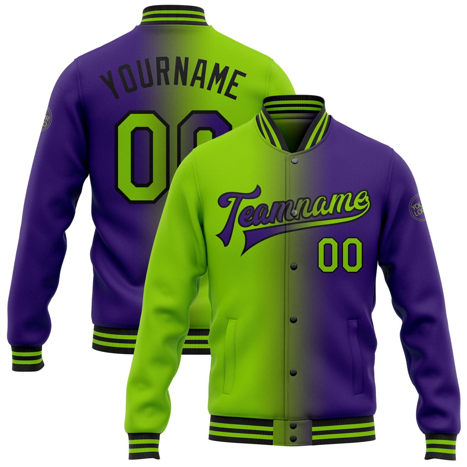 Personalized Purple Neon Green-Black Bomber Full-Snap Varsity Letterman Gradient Fashion Jacket Team Custom Name and Number