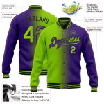 Personalized Purple Neon Green-Black Bomber Full-Snap Varsity Letterman Gradient Fashion Jacket Team Custom Name and Number