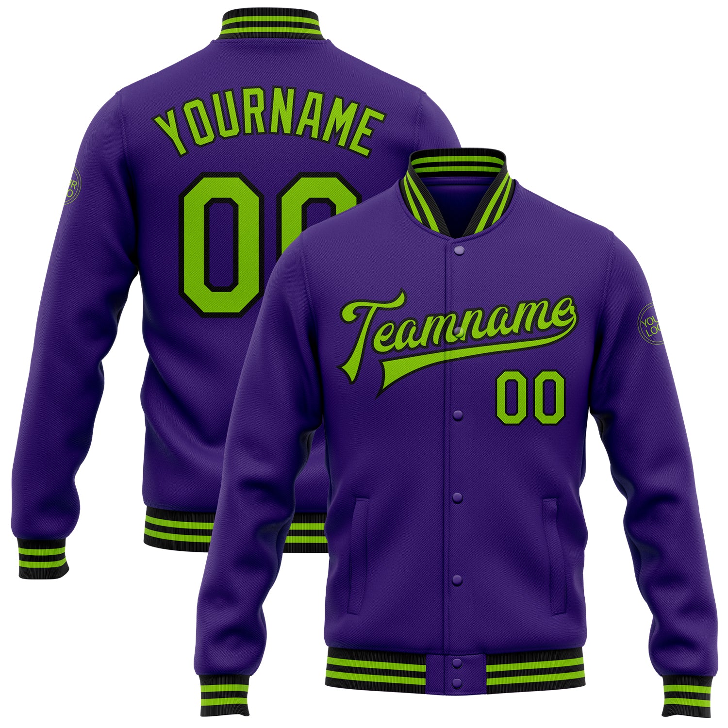 Personalized Purple Neon Green-Black Bomber Full-Snap Varsity Letterman Jacket Team Custom Name and Number