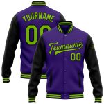 Personalized Purple Neon Green-Black Bomber Full-Snap Varsity Letterman Two Tone Jacket Team Custom Name and Number