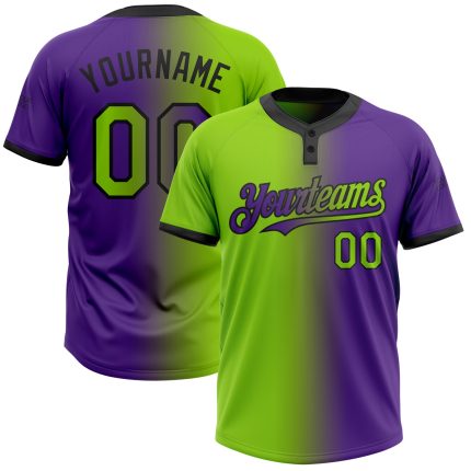 Personalized Purple Neon Green-Black Gradient Fashion Two-Button Unisex Softball Jersey Team Custom Name and Number