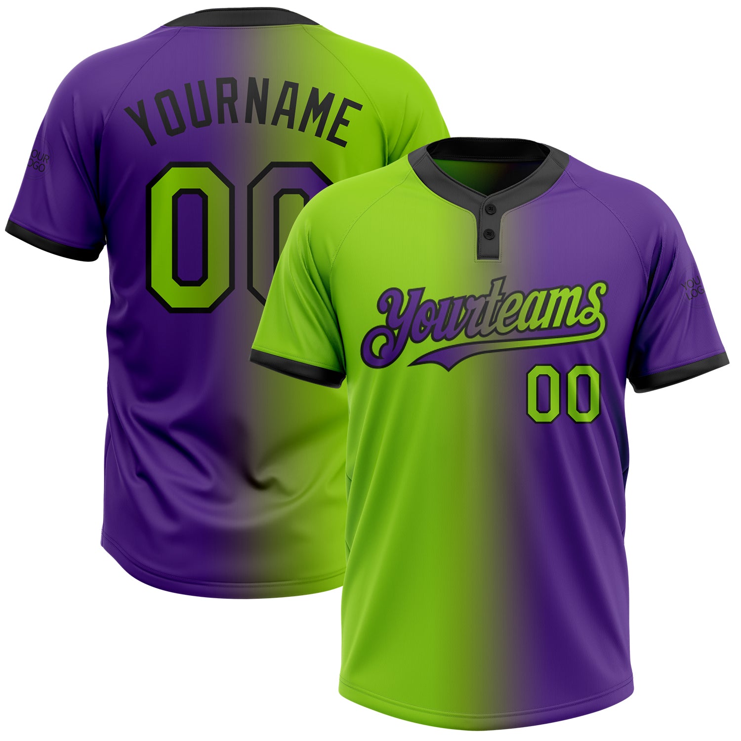 Personalized Purple Neon Green-Black Gradient Fashion Two-Button Unisex Softball Jersey Team Custom Name and Number