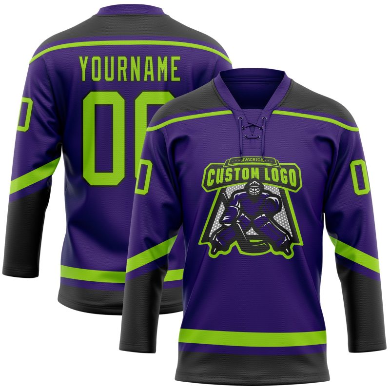Personalized Purple Neon Green-Black Hockey Lace Neck Jersey Team Custom Name and Number