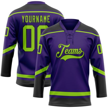 Personalized Purple Neon Green-Black Hockey Lace Neck Jersey Team Custom Name and Number
