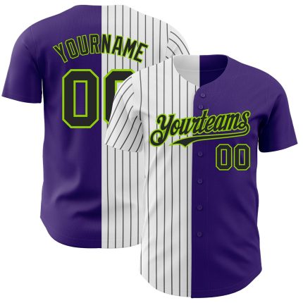 Personalized Purple Neon Green-Black Pinstripe Authentic Split Fashion Baseball Jersey Team Custom Name and Number
