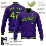 Personalized Purple Neon Green-Navy Bomber Full-Snap Varsity Letterman Jacket Team Custom Name and Number