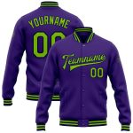 Personalized Purple Neon Green-Navy Bomber Full-Snap Varsity Letterman Jacket Team Custom Name and Number