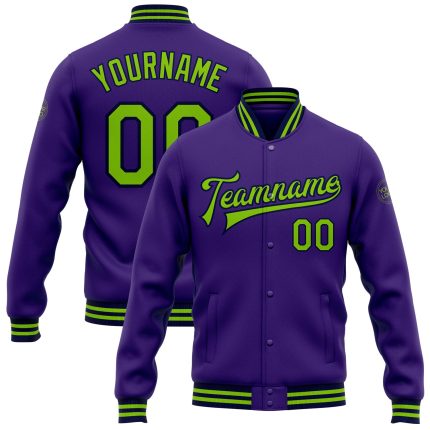 Personalized Purple Neon Green-Navy Bomber Full-Snap Varsity Letterman Jacket Team Custom Name and Number