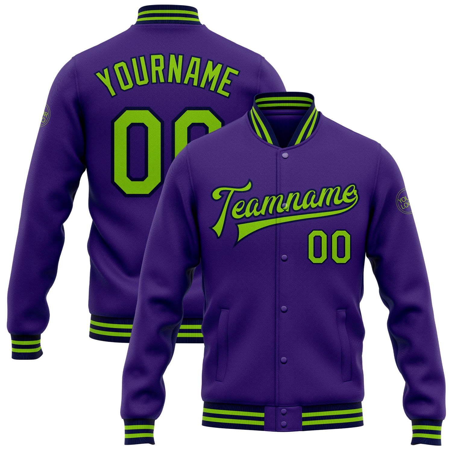 Personalized Purple Neon Green-Navy Bomber Full-Snap Varsity Letterman Jacket Team Custom Name and Number