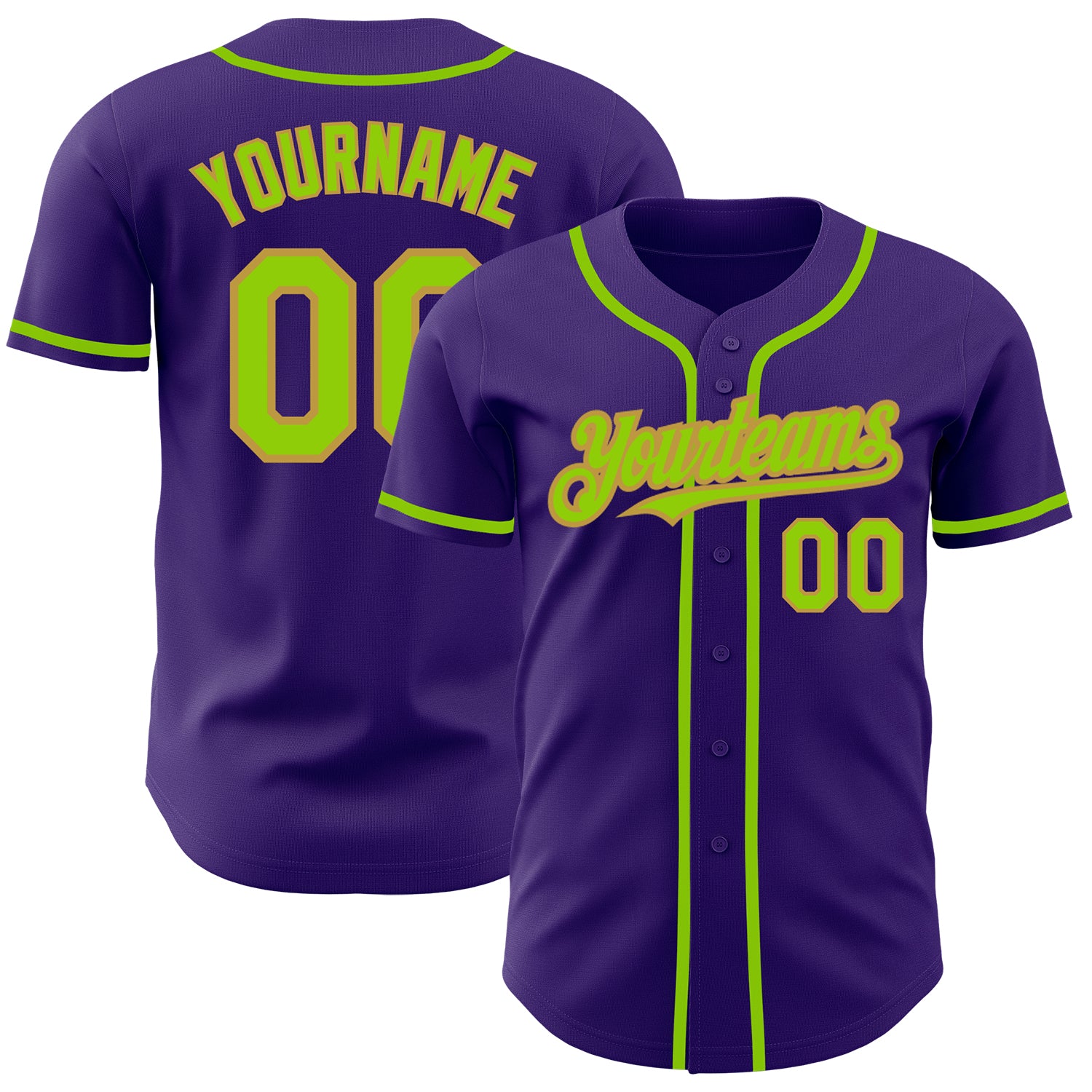 Personalized Purple Neon Green-Old Gold Authentic Baseball Jersey Team Custom Name and Number