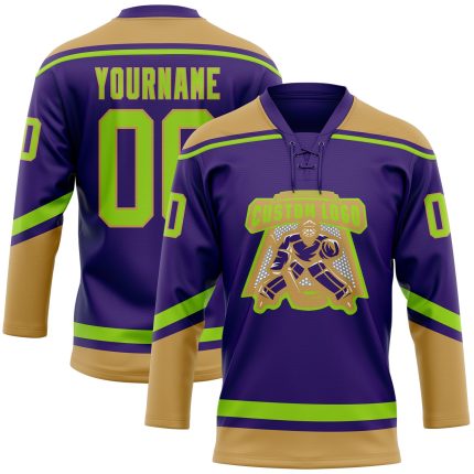 Personalized Purple Neon Green-Old Gold Hockey Lace Neck Jersey Team Custom Name and Number