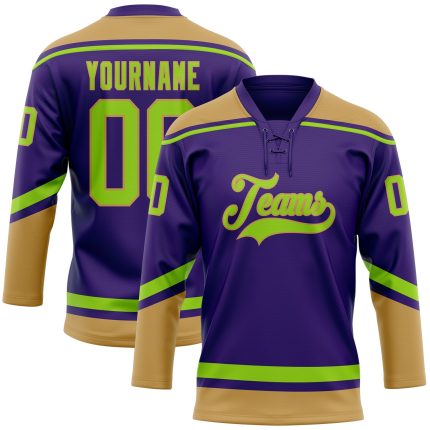 Personalized Purple Neon Green-Old Gold Hockey Lace Neck Jersey Team Custom Name and Number