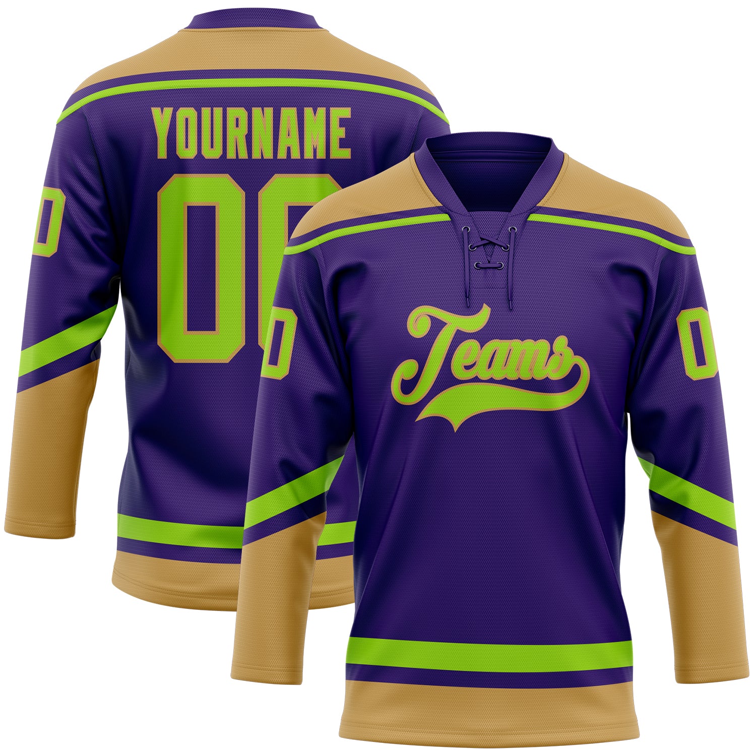 Personalized Purple Neon Green-Old Gold Hockey Lace Neck Jersey Team Custom Name and Number