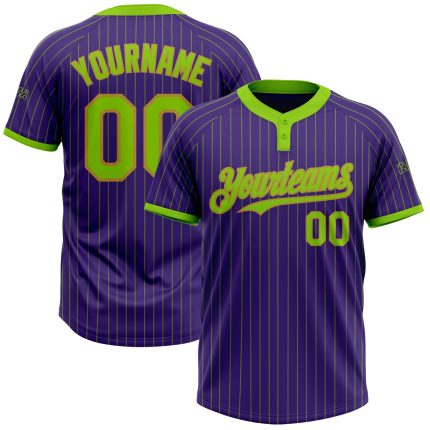 Personalized Purple Neon Green Pinstripe Old Gold Two-Button Unisex Softball Jersey Team Custom Name and Number