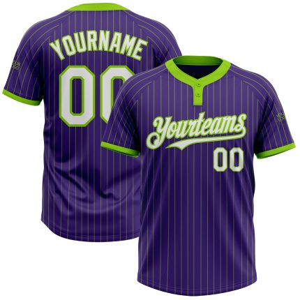 Personalized Purple Neon Green Pinstripe White Two-Button Unisex Softball Jersey Team Custom Name and Number
