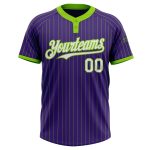 Personalized Purple Neon Green Pinstripe White Two-Button Unisex Softball Jersey Team Custom Name and Number