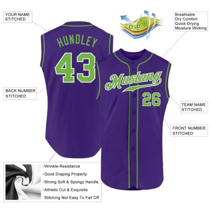 Personalized Purple Neon Green-White Authentic Sleeveless Baseball Jersey Team Custom Name and Number