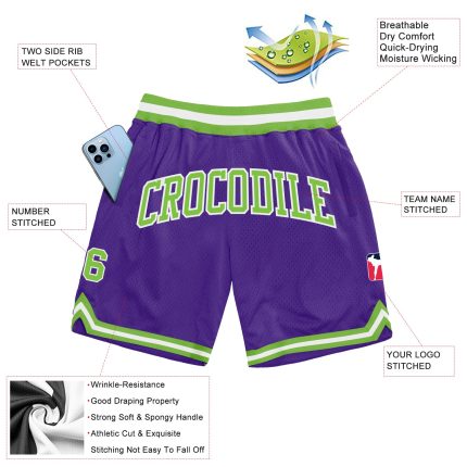 Personalized Purple Neon Green-White Authentic Throwback Basketball Shorts Team Custom Name and Number