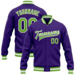 Personalized Purple Neon Green-White Bomber Full-Snap Varsity Letterman Jacket Team Custom Name and Number