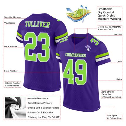 Personalized Purple Neon Green-White Mesh Authentic Football Jersey Team Custom Name and Number