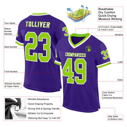 Personalized Purple Neon Green-White Mesh Authentic Throwback Football Jersey Team Custom Name and Number