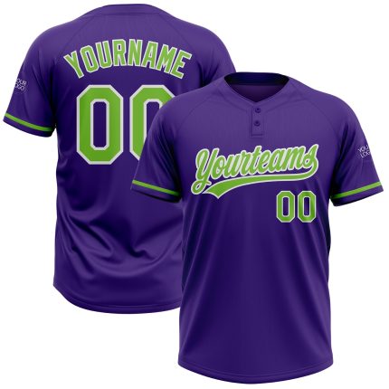 Personalized Purple Neon Green-White Two-Button Unisex Softball Jersey Team Custom Name and Number