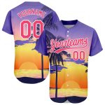 Personalized Purple Neon Pink-White 3D Pattern Design Hawaii Palm Trees And Beach Sunrise Authentic Baseball Jersey Team Custom Name and Number