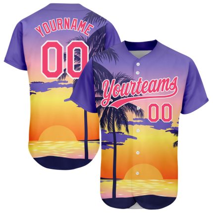 Personalized Purple Neon Pink-White 3D Pattern Design Hawaii Palm Trees And Beach Sunrise Authentic Baseball Jersey Team Custom Name and Number