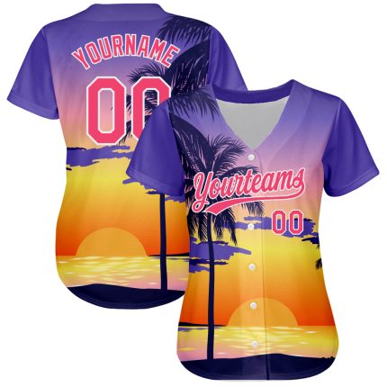 Personalized Purple Neon Pink-White 3D Pattern Design Hawaii Palm Trees And Beach Sunrise Authentic Baseball Jersey Team Custom Name and Number