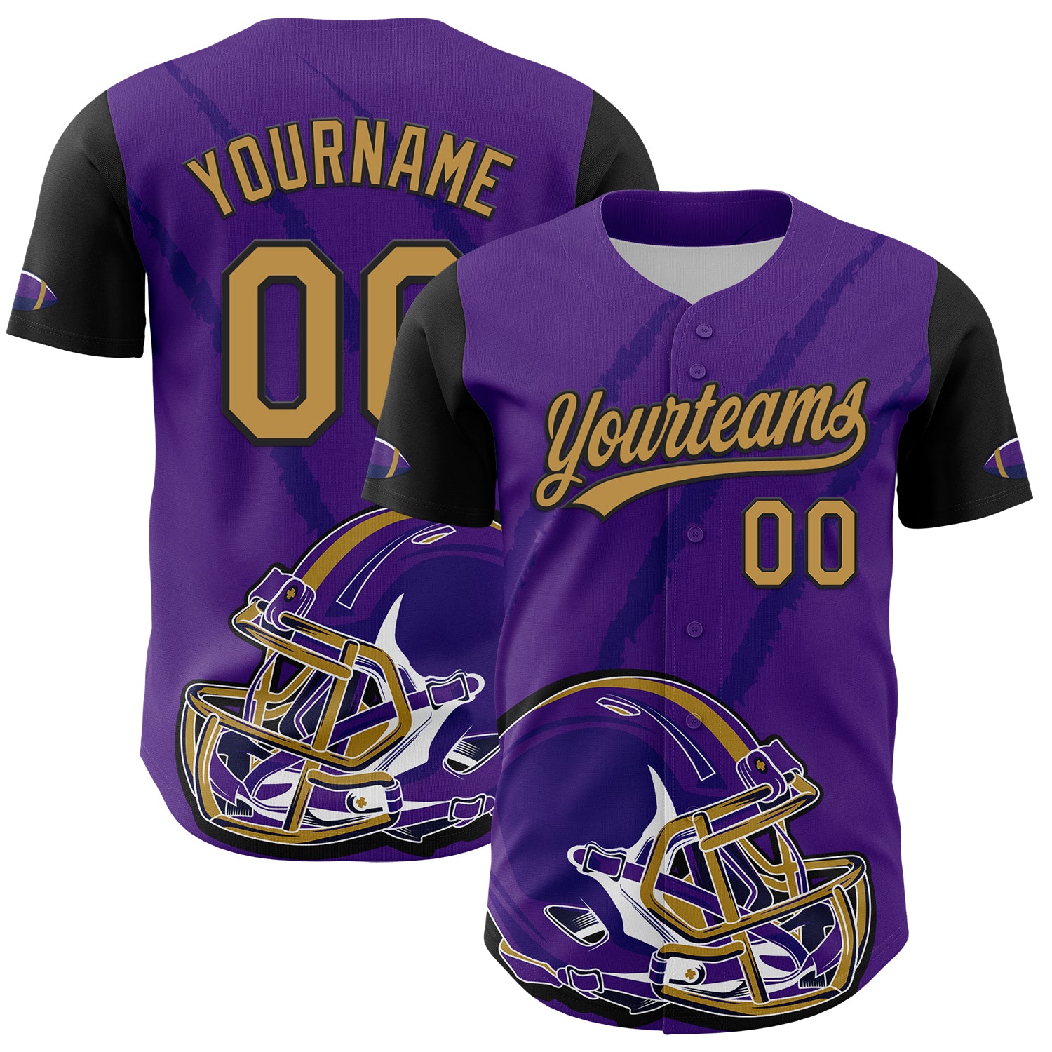 Personalized Purple Old Gold-Black 3D Pattern Design Football Helmet And Animal Claw Authentic Baseball Jersey Team Custom Name and Number