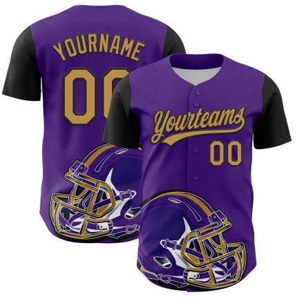 Personalized Purple Old Gold-Black 3D Pattern Design Football Helmet Authentic Baseball Jersey Team Custom Name and Number