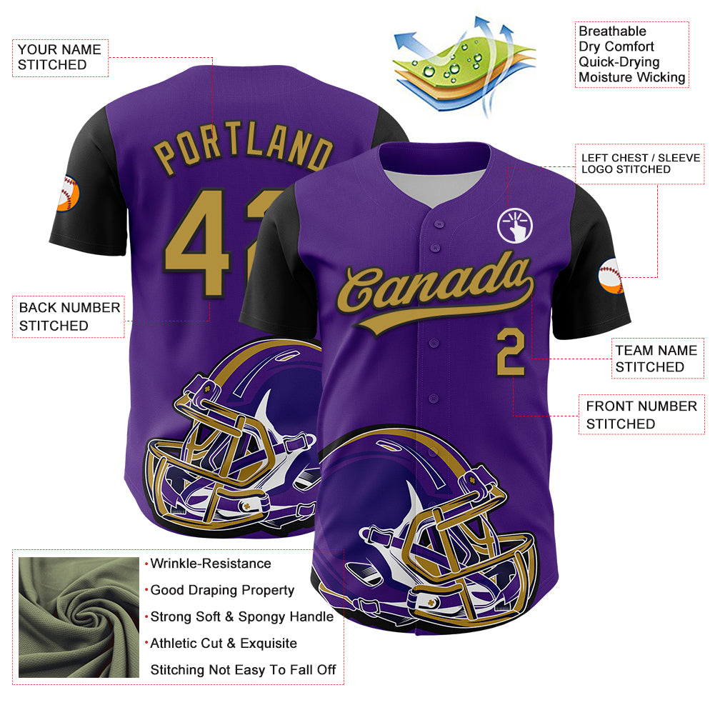 Personalized Purple Old Gold-Black 3D Pattern Design Football Helmet Authentic Baseball Jersey Team Custom Name and Number Personalized Purple Old Gold-Black 3D Pattern Design Football Helmet Authentic Baseball Jersey Team Custom Name and Number - Image 3