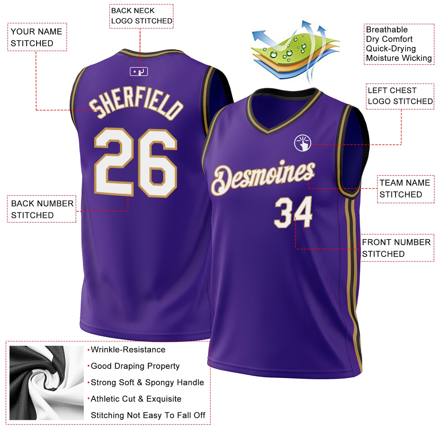 Personalized Purple Old Gold-Black Authentic Throwback Basketball Jersey Personalized Purple Old Gold-Black Authentic Throwback Basketball Jersey - Image 3