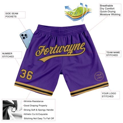 Personalized Purple Old Gold-Black Authentic Throwback Basketball Shorts Team Custom Name and Number