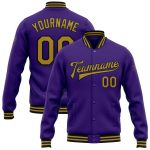 Personalized Purple Old Gold-Black Bomber Full-Snap Varsity Letterman Jacket Team Custom Name and Number