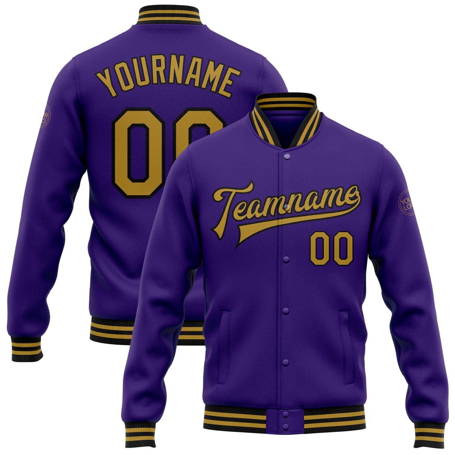 Personalized Purple Old Gold-Black Bomber Full-Snap Varsity Letterman Jacket Team Custom Name and Number