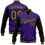 Personalized Purple Old Gold-Black Bomber Full-Snap Varsity Letterman Two Tone Jacket