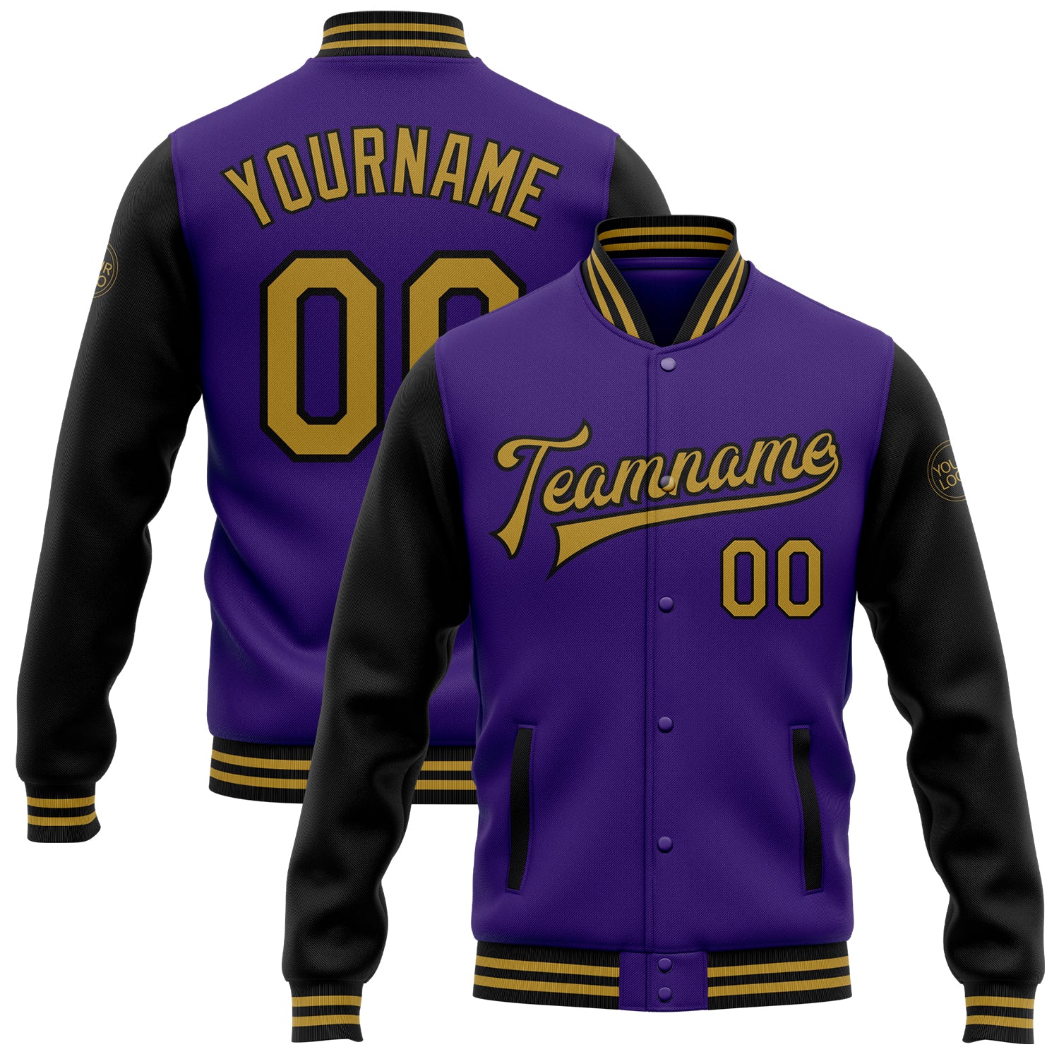 Personalized Purple Old Gold-Black Bomber Full-Snap Varsity Letterman Two Tone Jacket