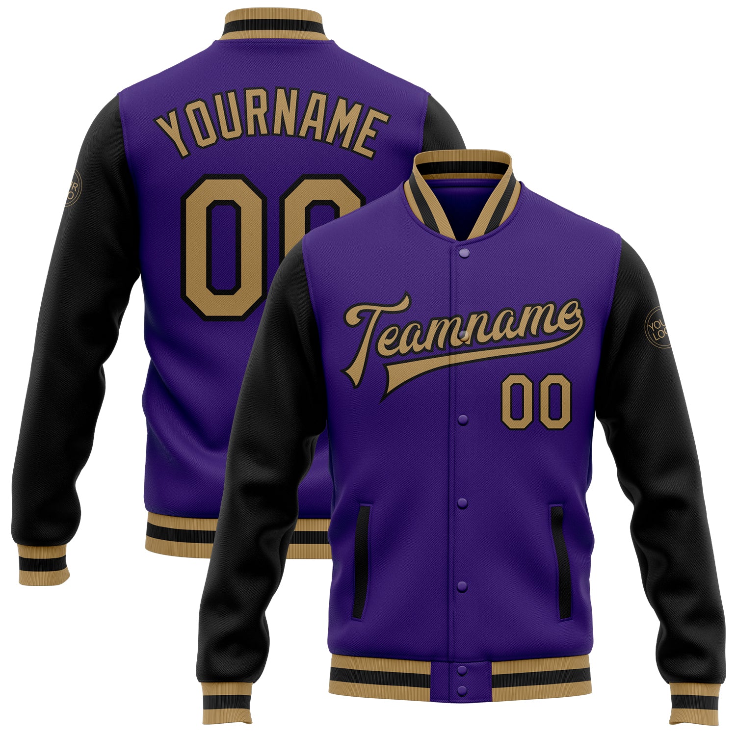 Personalized Purple Old Gold-Black Bomber Full-Snap Varsity Letterman Two Tone Jacket Team Custom Name and Number