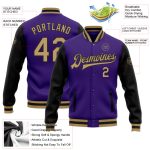 Personalized Purple Old Gold-Black Bomber Full-Snap Varsity Letterman Two Tone Jacket Team Custom Name and Number