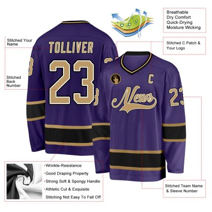 Personalized Purple Old Gold-Black Hockey Jersey Team Custom Name and Number