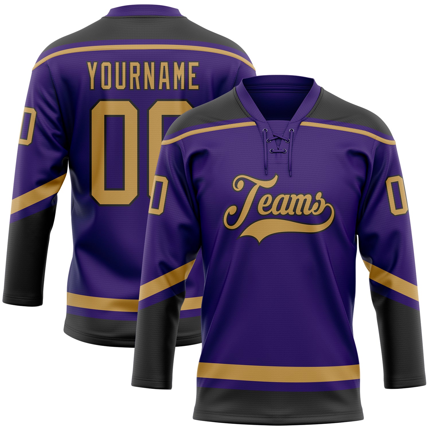 Personalized Purple Old Gold-Black Hockey Lace Neck Jersey Team Custom Name and Number