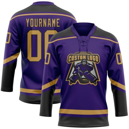 Personalized Purple Old Gold-Black Hockey Lace Neck Jersey Team Custom Name and Number