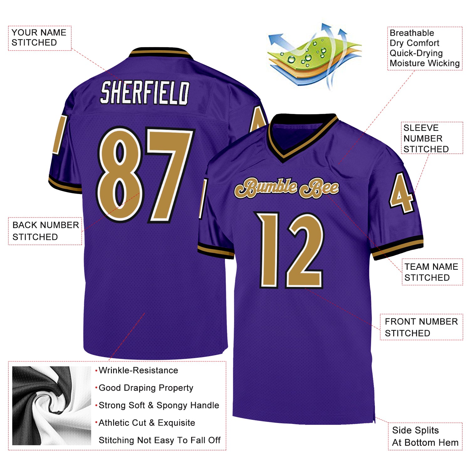 Personalized Purple Old Gold-Black Mesh Authentic Throwback Football Jersey Team Custom Name and Number Personalized Purple Old Gold-Black Mesh Authentic Throwback Football Jersey Team Custom Name and Number - Image 4