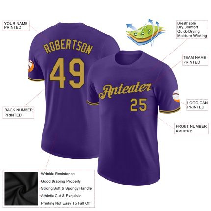 Personalized Purple Old Gold-Black Performance T-Shirt Team Custom Name and Number