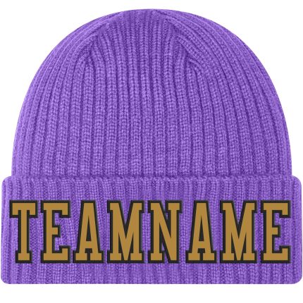Personalized Purple Old Gold-Black Stitched Cuffed Knit Hat Team Custom Name and Number