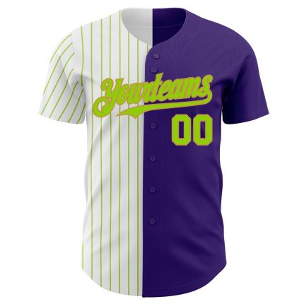 Personalized Purple Old Gold-Neon Green Pinstripe Authentic Split Fashion Baseball Jersey Team Custom Name and Number