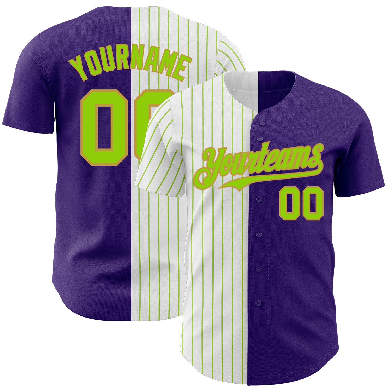 Personalized Purple Old Gold-Neon Green Pinstripe Authentic Split Fashion Baseball Jersey Team Custom Name and Number