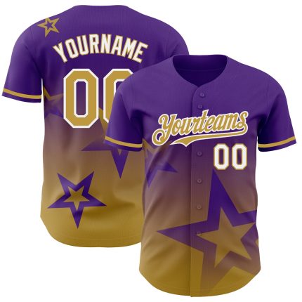 Personalized Purple Old Gold-White 3D Pattern Design Gradient Style Twinkle Star Authentic Baseball Jersey Team Custom Name and Number