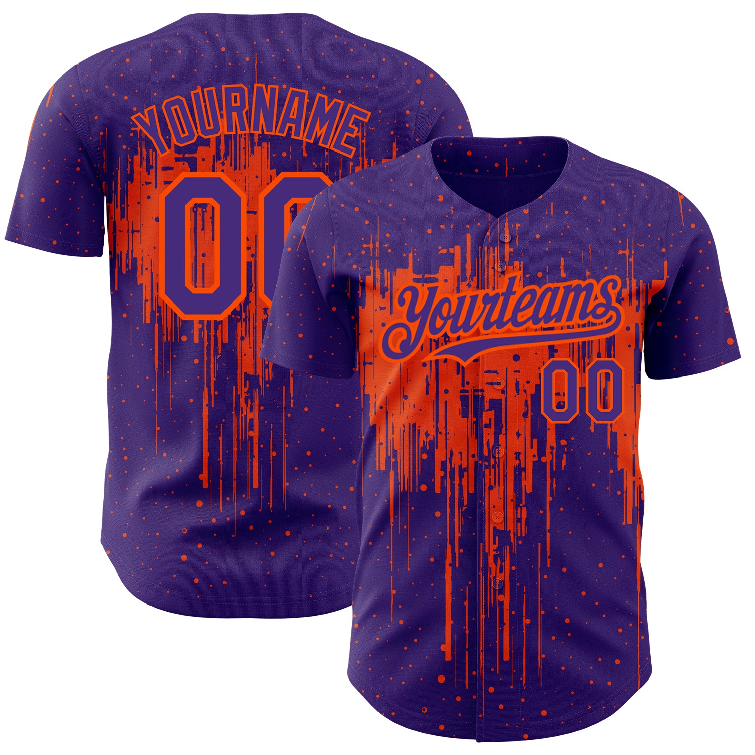 Personalized Purple Orange 3D Pattern Design Dripping Splatter Art Authentic Baseball Jersey Team Custom Name and Number